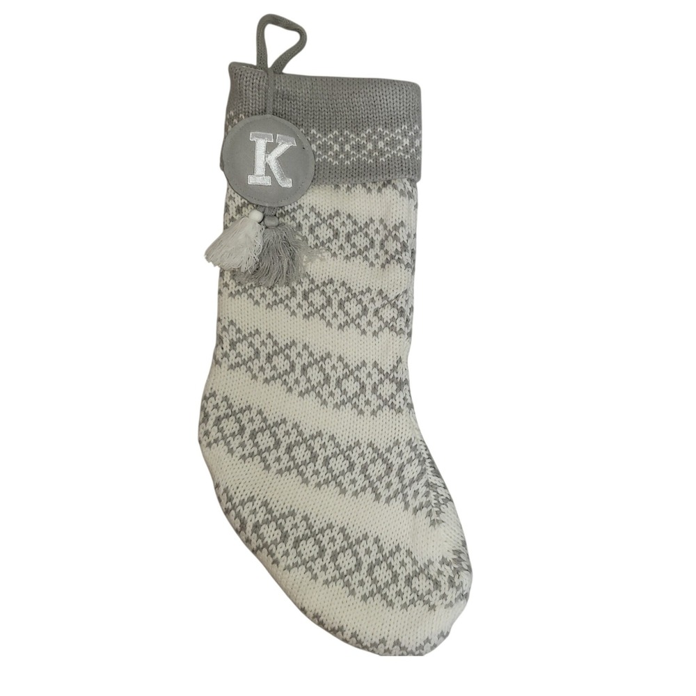 Wondershop Knit Fair Isle Monogram Christmas Stocking gray/white w/ initial "K"